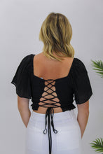 Load image into Gallery viewer, Flirty Flutter Sleeve Lace Up Top- Black