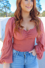 Load image into Gallery viewer, Kaitny Sweetheart Ruffle Sleeve Smocked Top- Mauve
