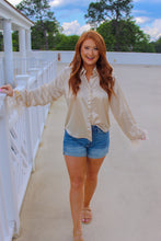 Load image into Gallery viewer, Broadway Girl Feather Cuff Button Up- Cream