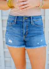 Load image into Gallery viewer, Medium Light Distressed Fringe Shorts