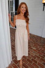 Load image into Gallery viewer, Charming Striped Smocked Midi Dress-Taupe
