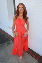Load image into Gallery viewer, Poplin Rosette Halter Neck Midi Dress-Coral
