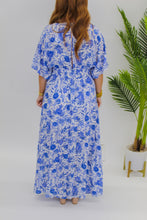 Load image into Gallery viewer, Flower Power Deep V Maxi- White Blue
