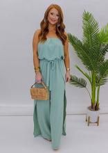 Load image into Gallery viewer, Pick Me Tie Front Strapless Jumpsuit- Sage

