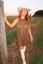 Load image into Gallery viewer, Ella Suede Fringe Dress- Olive
