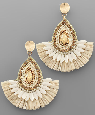Beaded Teardrop & Raffia Fan Earrings