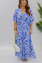 Load image into Gallery viewer, Flower Power Deep V Maxi- White Blue
