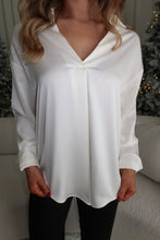 Load image into Gallery viewer, Jacey Collared V-Neck Satin Blouse-Cream
