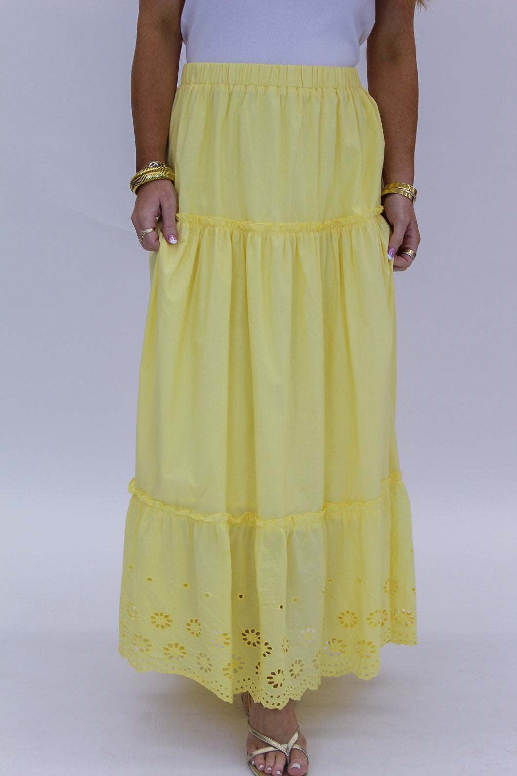 Sun To Me Eyelet Midi Skirt-Yellow