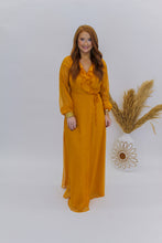 Load image into Gallery viewer, Lost in Love Ruffle Tie Waist Maxi Wrap Dress- Apricot
