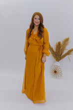 Load image into Gallery viewer, Lost in Love Ruffle Tie Waist Maxi Wrap Dress- Apricot
