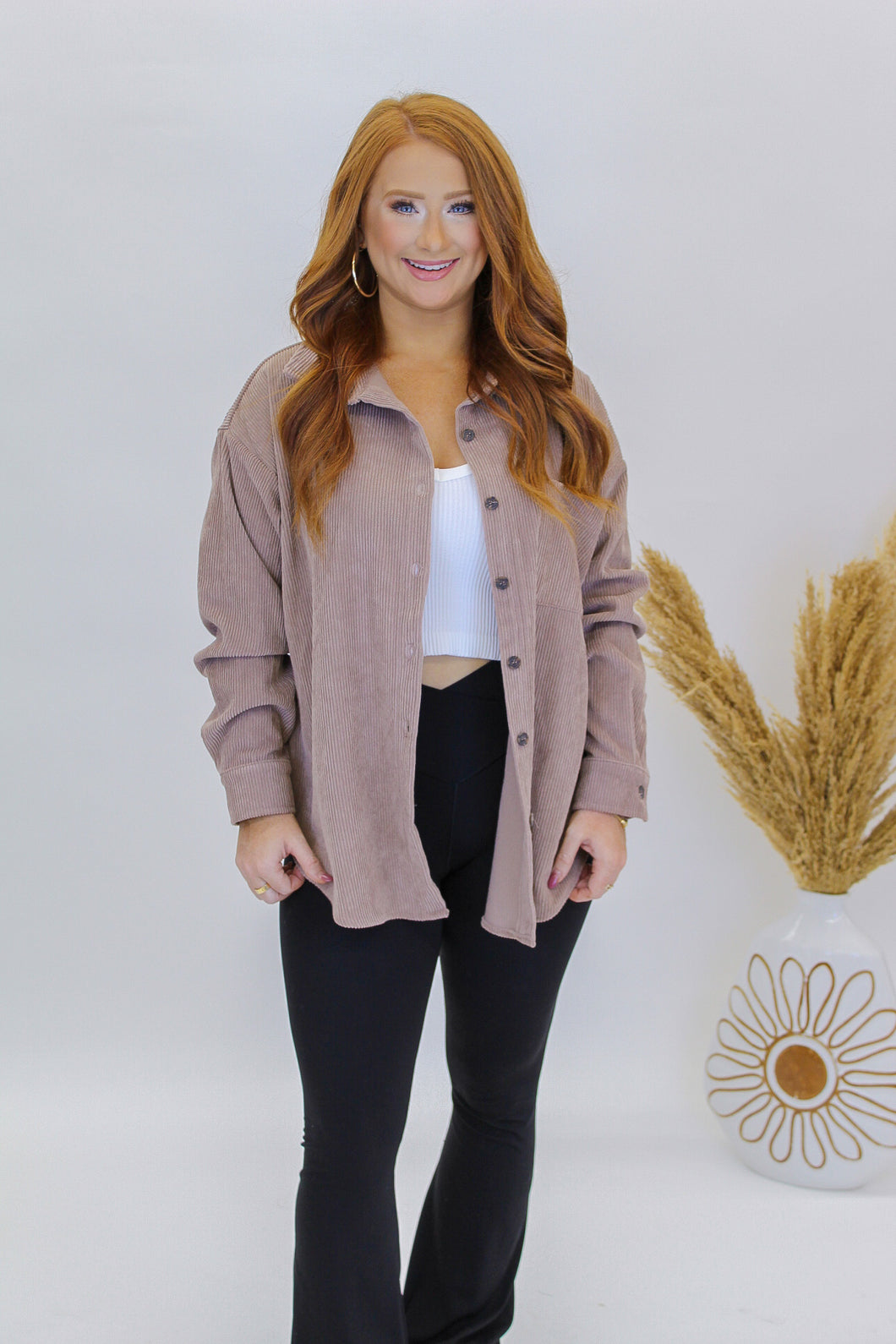 Wonder Away Corduroy Button Up- Mocha