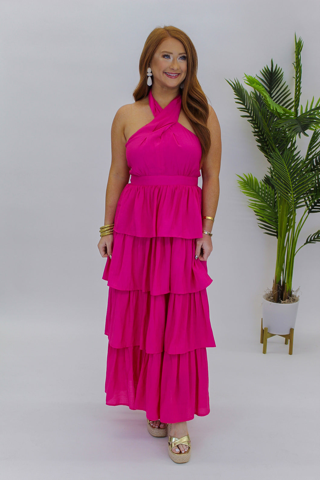 Endless Time Tiered Midi Dress-Magenta