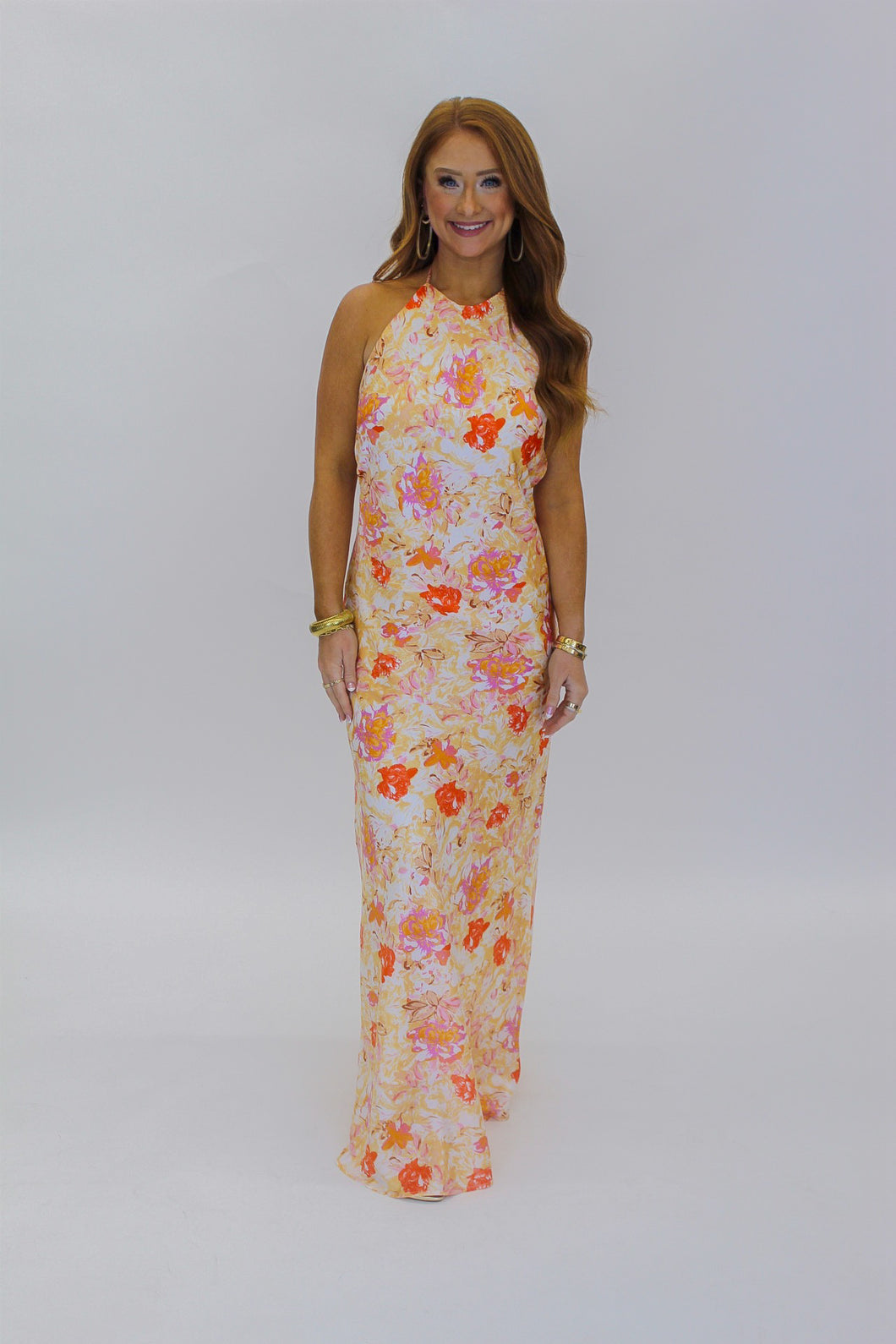 Sae Floral Halter Neck Satin Maxi Dress