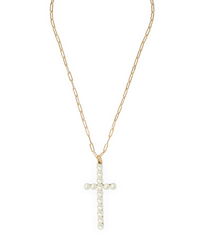 Pearl Cross Pendant Clip Chain Necklace