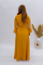 Load image into Gallery viewer, Lost in Love Ruffle Tie Waist Maxi Wrap Dress- Apricot
