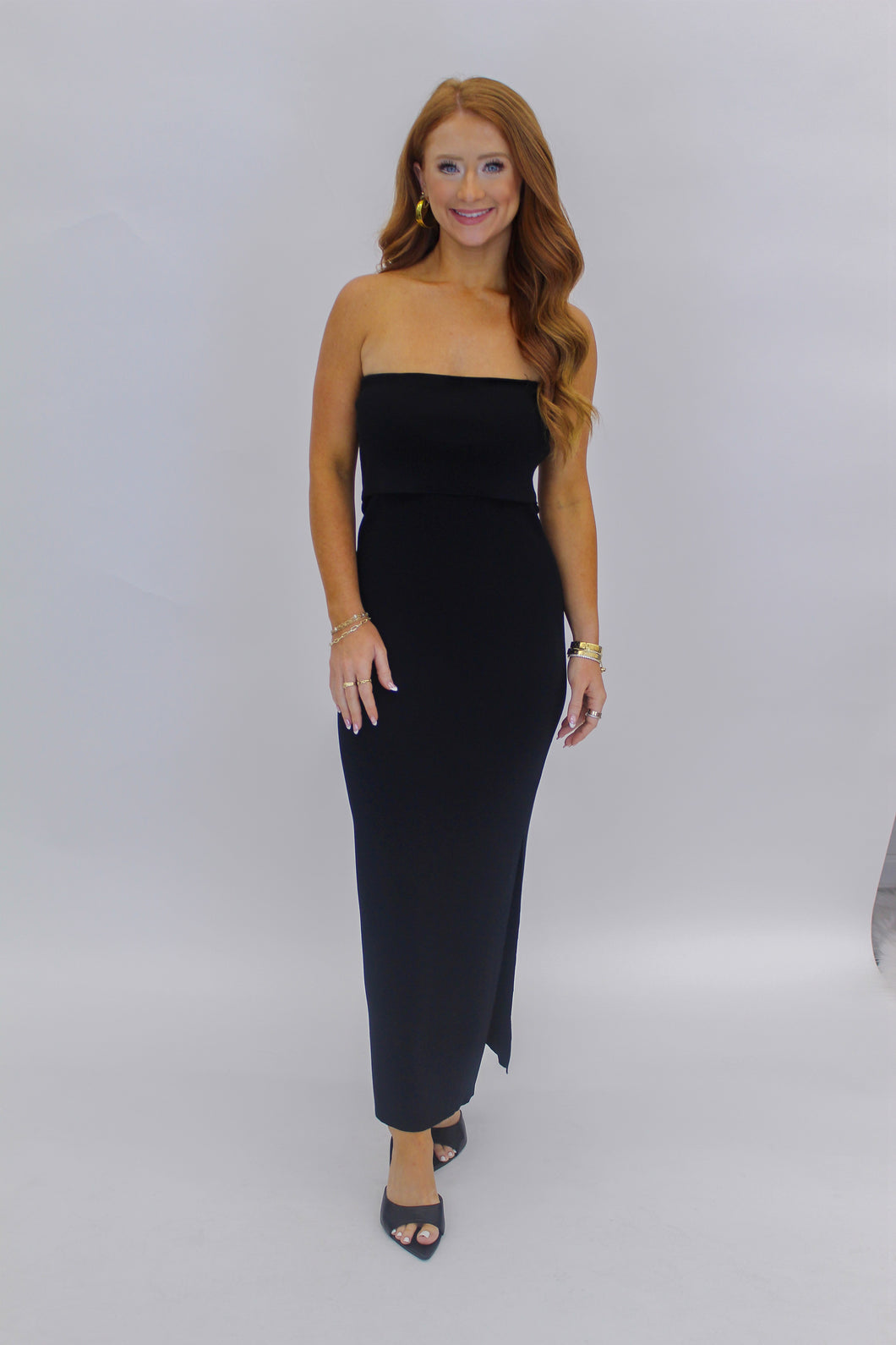 Carsen Strapless Midi Dress-Black