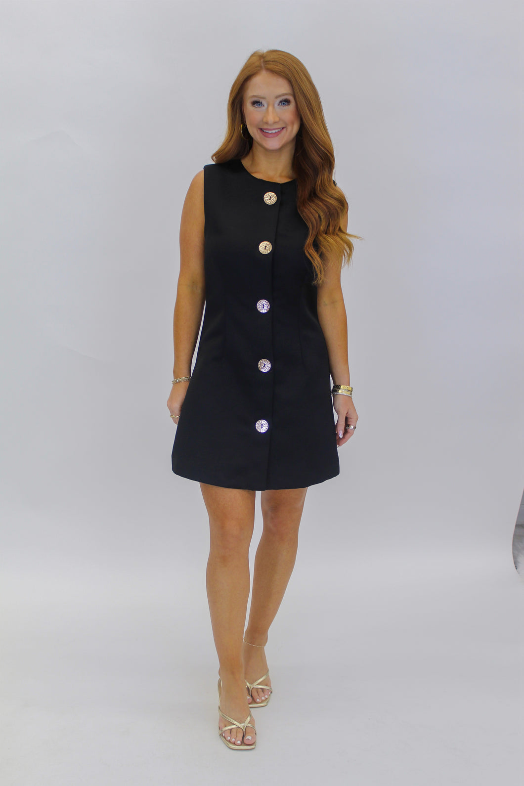 Jackie Gold Button Mini Dress-Black