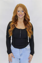 Load image into Gallery viewer, Rebecca Button Up Ribbed Top- Black
