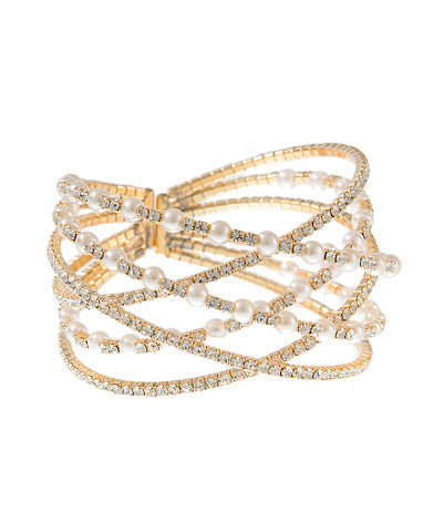 Row Pearl & Pave Memory Wire Bracelet