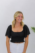Load image into Gallery viewer, Flirty Flutter Sleeve Lace Up Top- Black

