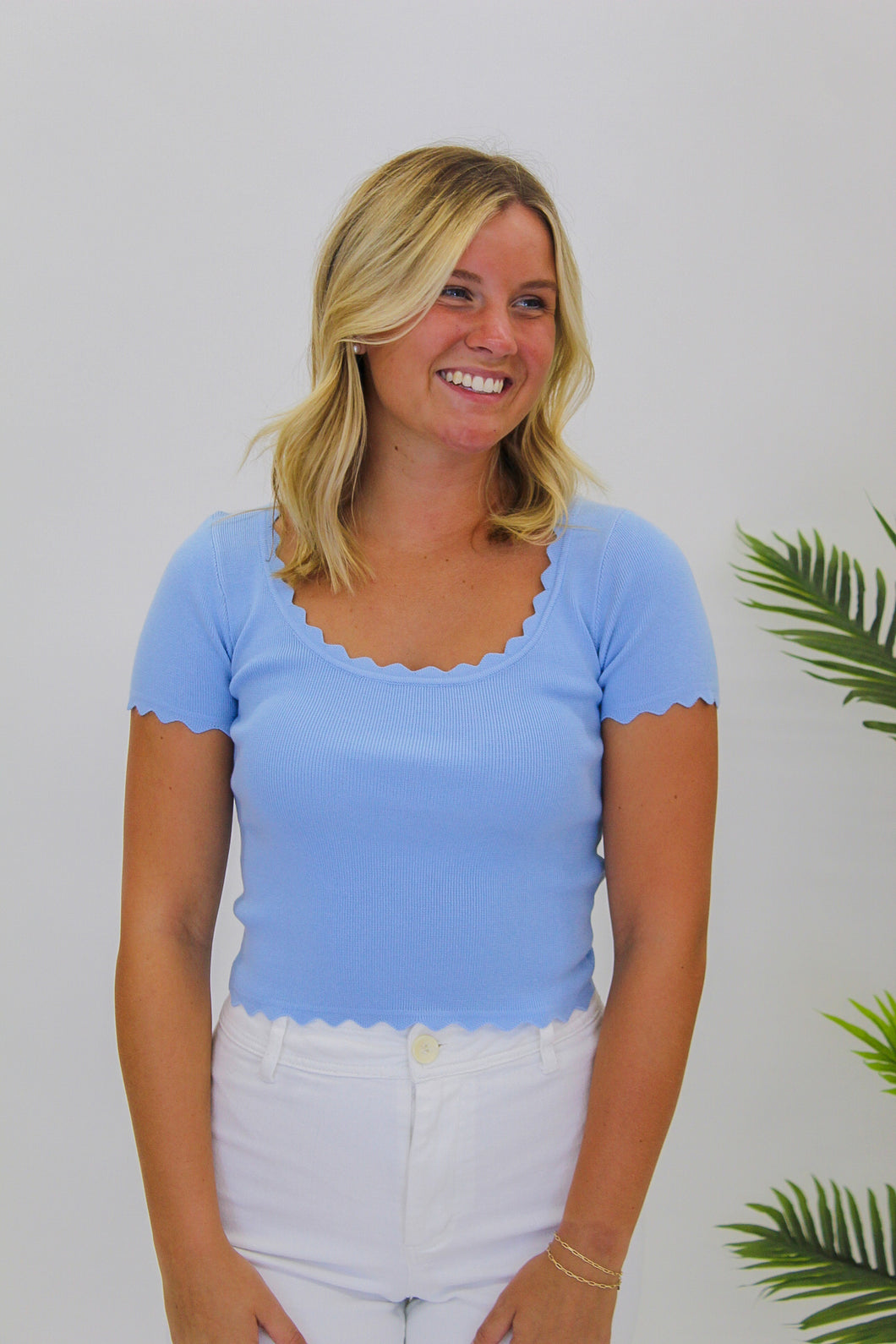 Tyra Scalloped Edge Top-Blue