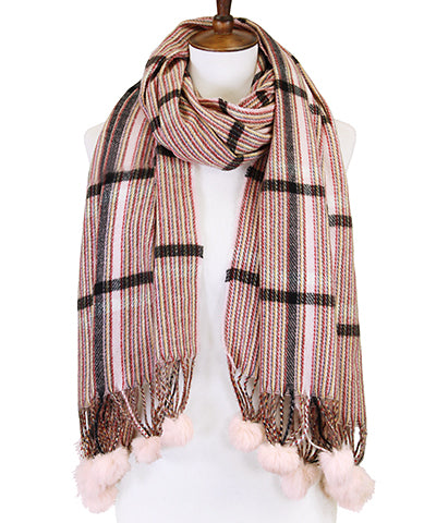 PomPom Fringe Checked Oblong Scarf