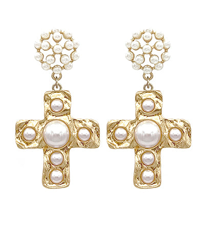 Multi Pearl Cross Drop Earrings