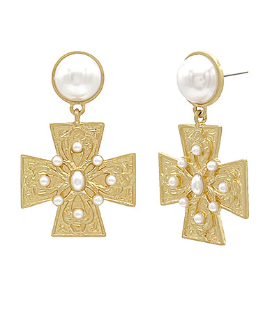 Byzantine Cross & Pearl Drop Earrings