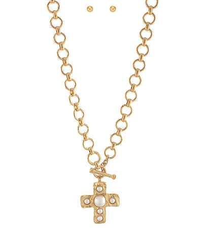 Cross & Pearl Pendant Necklace Set
