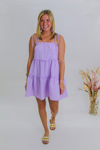 Load image into Gallery viewer, Better Days Tie Strap Tiered Mini Dress- Lavender
