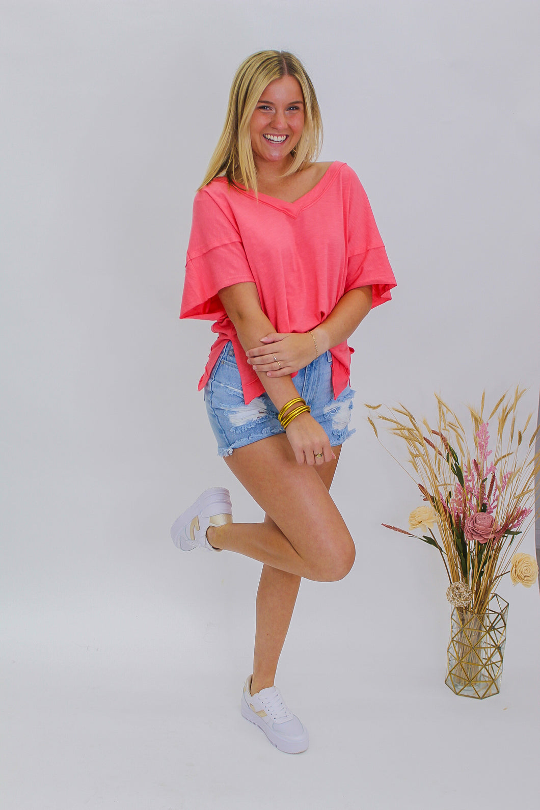 Necessary Love Oversized V Neck Tee-Coral