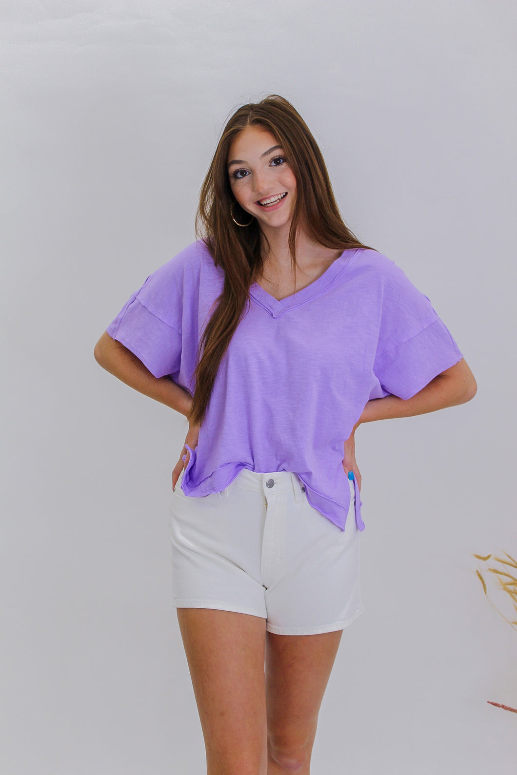 Necessary Love Oversized V Neck Tee- Lavender