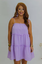 Load image into Gallery viewer, Better Days Tie Strap Tiered Mini Dress- Lavender
