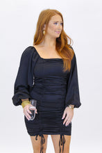 Load image into Gallery viewer, Impress Me Ruched Tie Hem Mini Dress- Black

