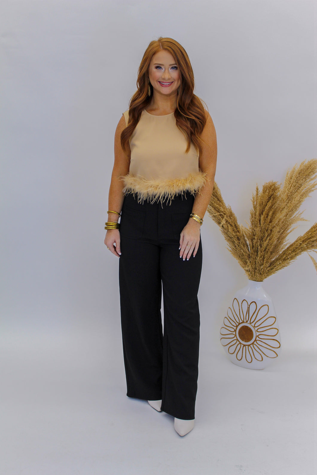 Riley Sleeveless Feather Trim Top- Taupe