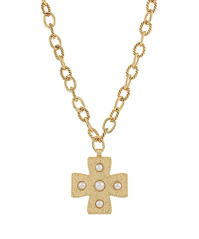 Pave Pearl Byznatine Cross Necklace