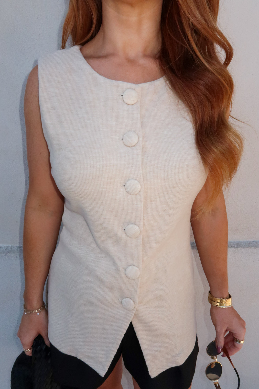 Archie Ribbed Knit Vest Top-Beige