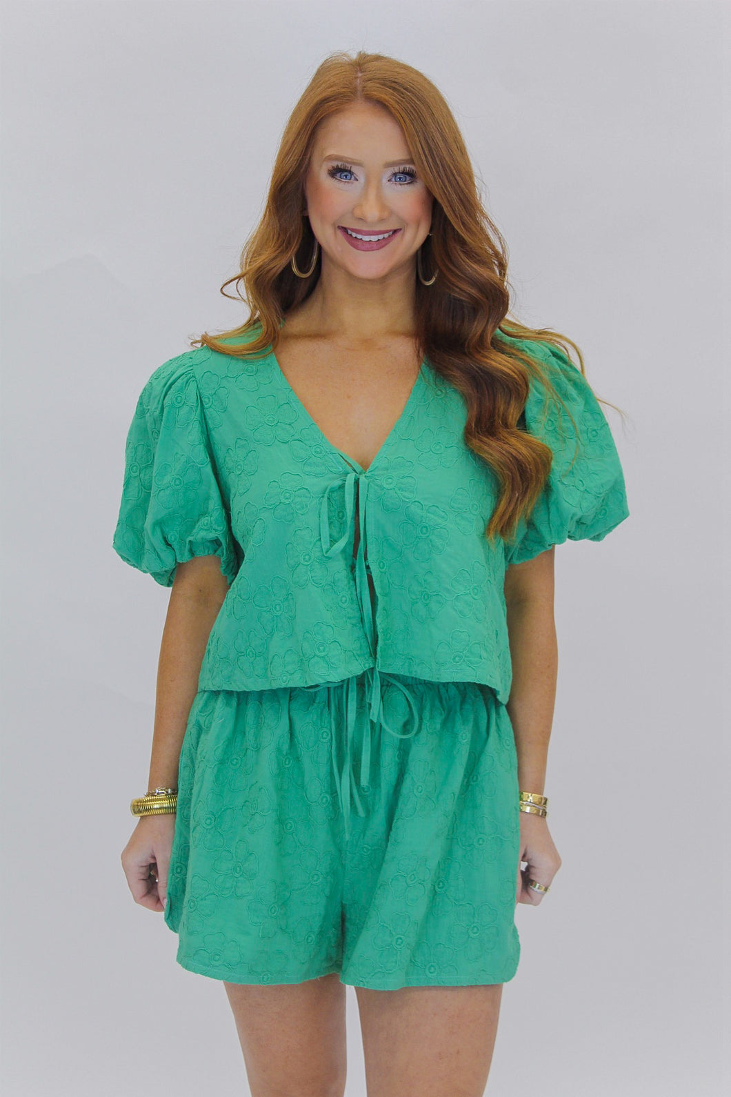 Azalea Floral Embroidered Set-Green