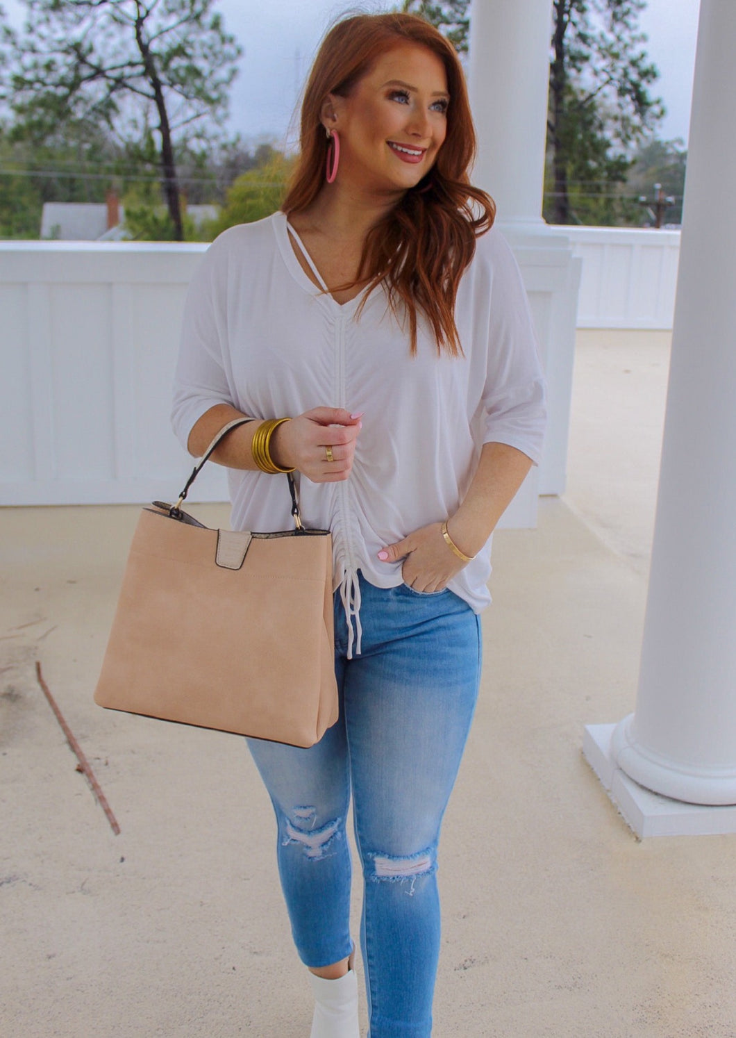 Hattie Cinch Short Sleeve Top- Ivory