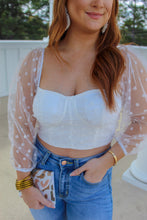 Load image into Gallery viewer, Godwin Polka Dot Mesh Sleeve Smocked Crop Top-White
