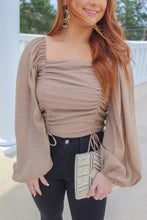 Load image into Gallery viewer, Amara Smocked Balloon Sleeve Crop-Mocha
