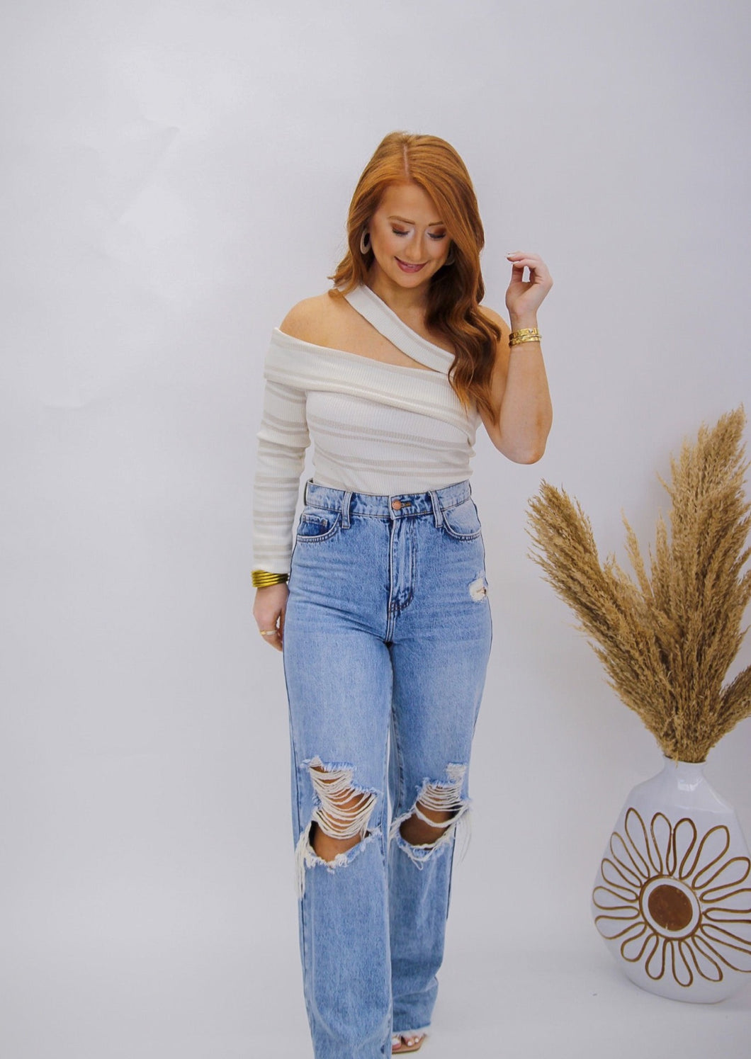 Lila One Shoulder Bodysuit- White/Taupe