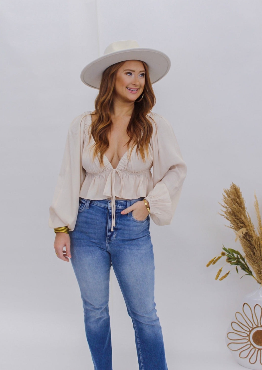 All Love Tie Front Peplum Crop Top- Cream