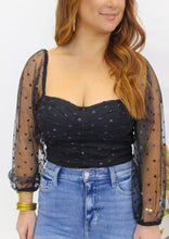 Load image into Gallery viewer, Godwin Polka Dot Mesh Sleeve Smocked Crop Top-Black
