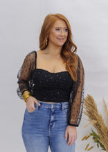 Load image into Gallery viewer, Godwin Polka Dot Mesh Sleeve Smocked Crop Top-Black
