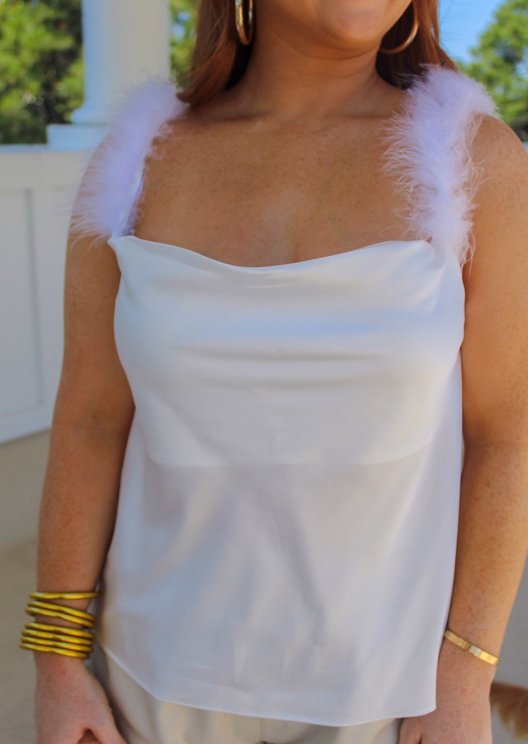 Lets Go Girls Cowl Neck Fur Trim Cami-White