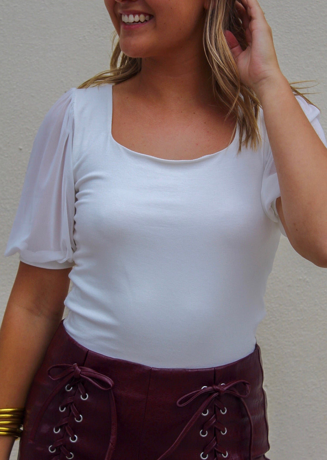 Celine Mesh Sleeve Top- White