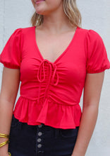 Load image into Gallery viewer, Cherry Short Sleeve Ruched Top- Red
