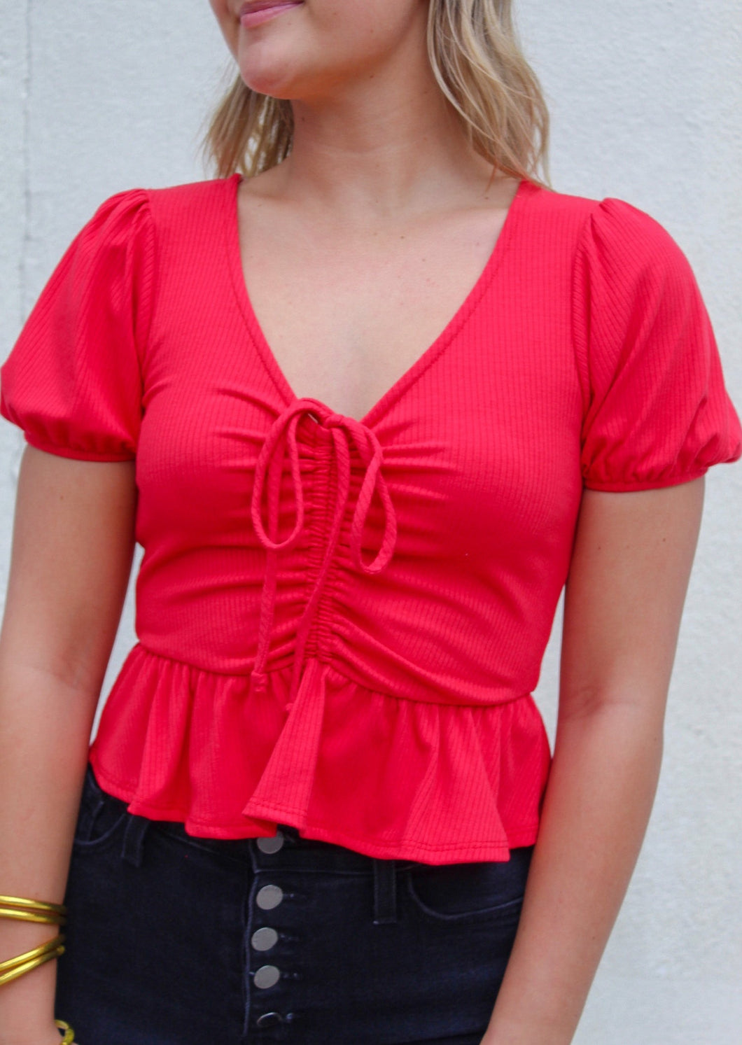 Cherry Short Sleeve Ruched Top- Red